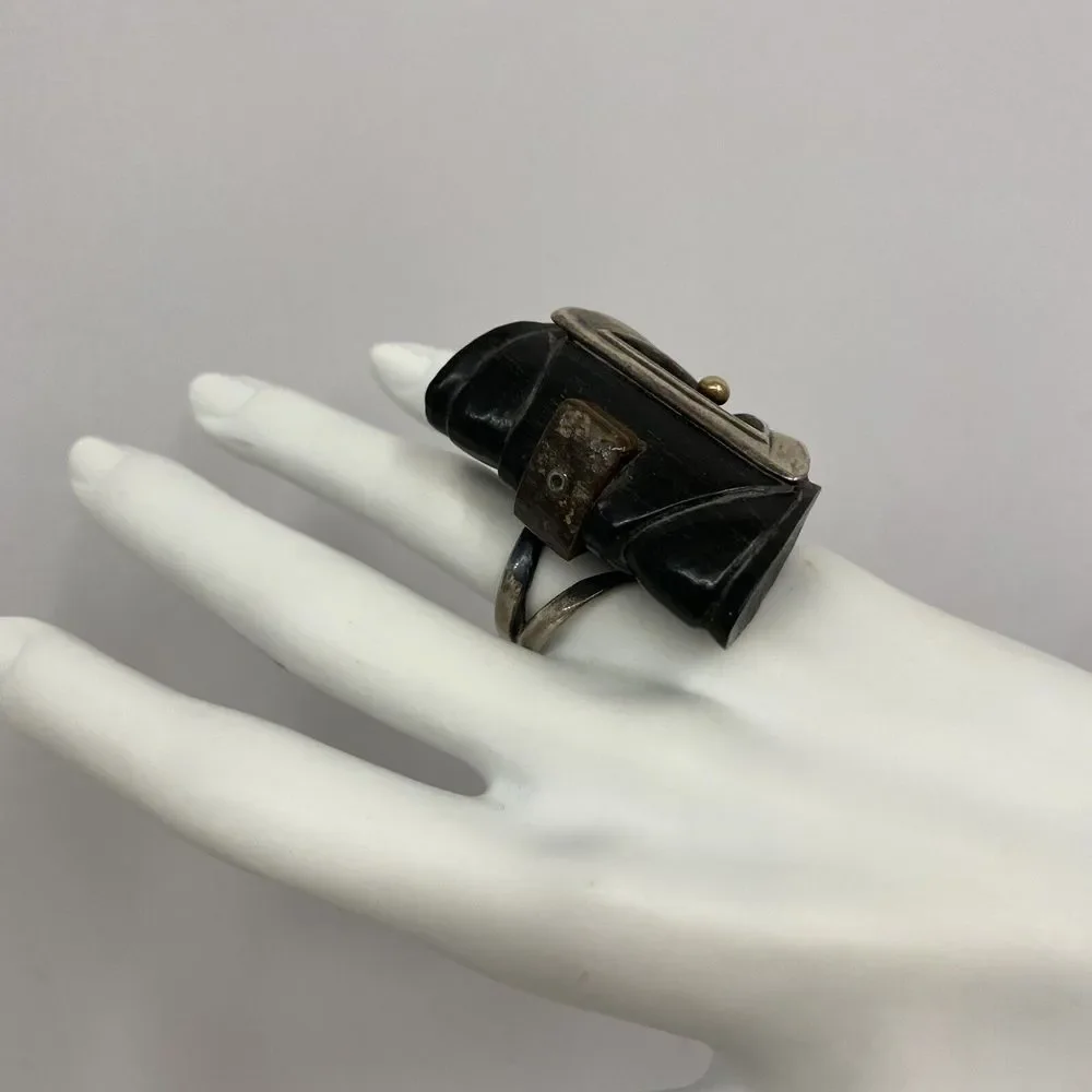 Fred Tate Sterling Ebony 14K Gold Ring True Work‎ of Art JUMBO Artsy Size 9 - Picture 3 of 6